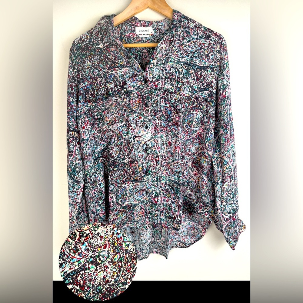 L'Agence  XXS Silk‎ Blouse Paisley Stained Glass Art to Wear Fairy Whimsigoth